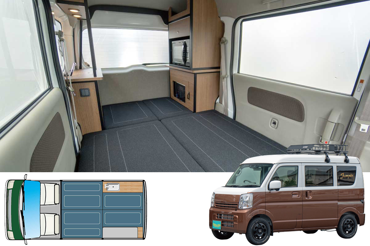 岐阜市★車内広々フラット軽箱★オートマ★Tベル交換歴あり★ カリスマジャパン「Jumpie」4枚のマットは黒デニムに白ステッチ【新型